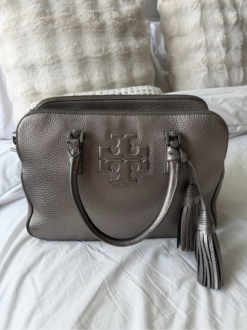 Pre Loved Tory Burch Metallic Pewter Double-Zip Satchel with Tassels